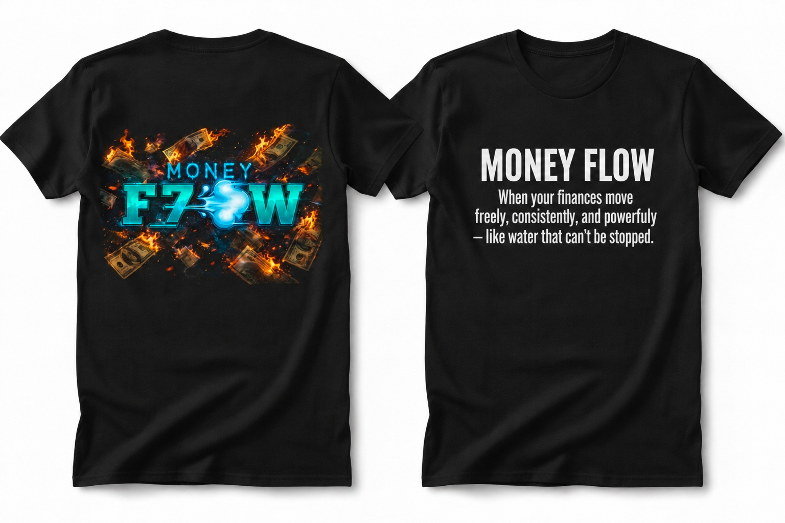 Money Flow T-Shirt, black with front definition text and back bold Money Flow graphic with flames and dollar bills.